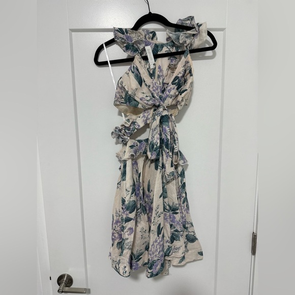 Zimmermann Cassia Mini Dress Hydrangea Floral Linen Cut-Out Size 1 US 4 - Picture 3 of 12